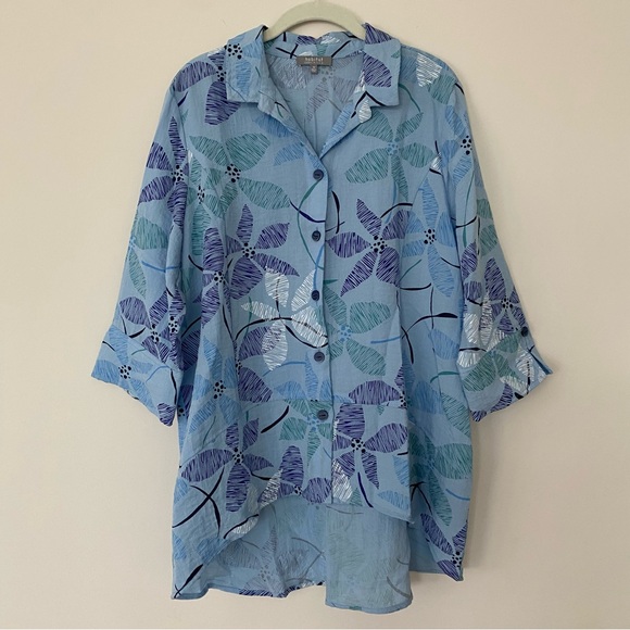 Habitat Women's Blue Floral Button Up Tunic Shirt M Lagenlook Artsy Oversized - Picture 1 of 10